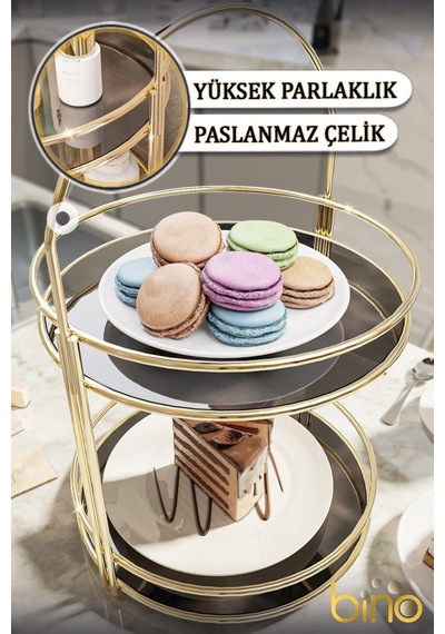 Bino Servis Sunum İkramlık Gold Büyük Lüks 2 Katlı 40cm Organizer Mutfak Düzenleyici Pasta Standı