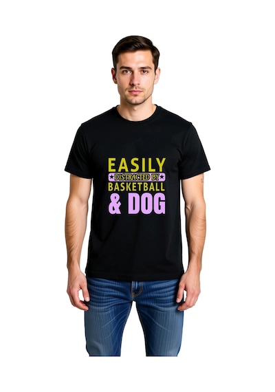 Paybuy Erkek Basketbol Köpek Baskılı Günlük Tişört Crew Yaka Kısa Kol %1 Siyah