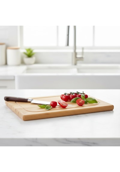 Dikdörtgen Bambu Kesme Tahtası 34x24 Cm Antibakteriyel, Oluklu Ve Kulplu Doğrama Tahtası