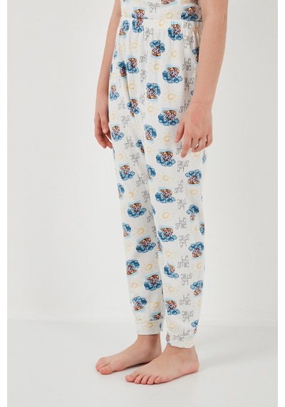 Lela % 100 Pamuk Bisiklet Yaka Kısa Kollu Kız Çocuk Pijama Takımı 6651004 Ekru-Mavi