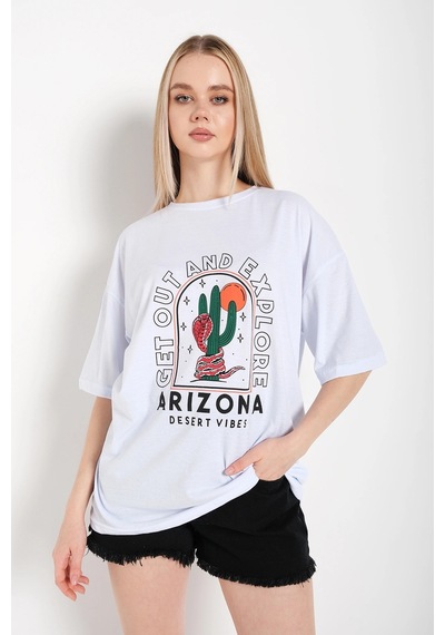 Startmore Kadın Beyaz Oversize Arizona Baskılı T-shirt Beyaz
