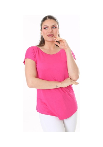 Şans Kadın Büyük Beden Neon Pembe Bisiklet Yakalı Düşük Kollu Bluz 65n37706-neon Pembe Neon Pembe