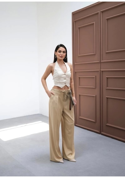 Defymoda Beli Lasti K Ve Bağcikli Geni Ş Paça Pantolon Bej