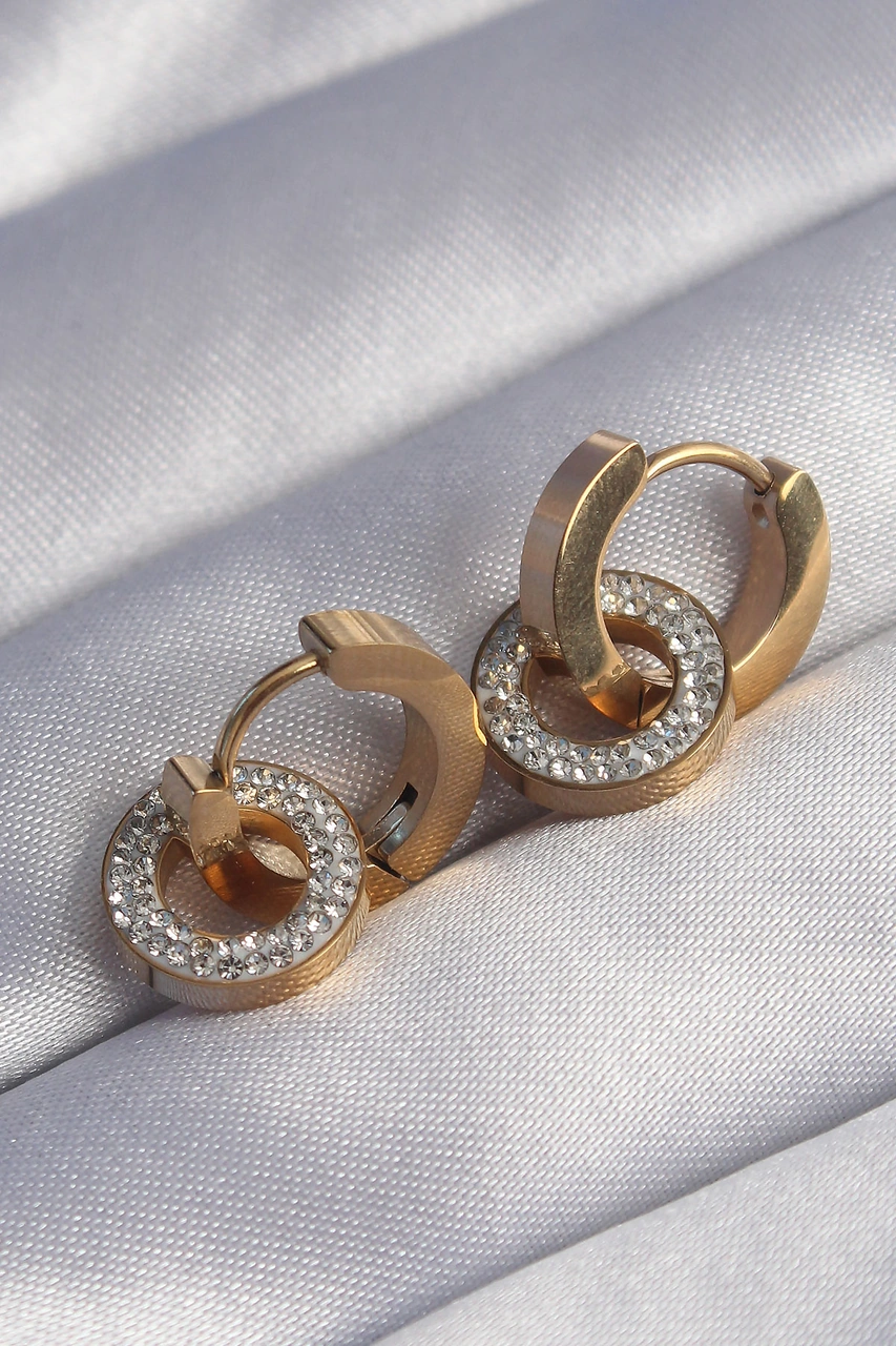 316l Çelik Gold Renk Zirkon Taşlı İç İçe Geçmeli Oval Küpe Altın