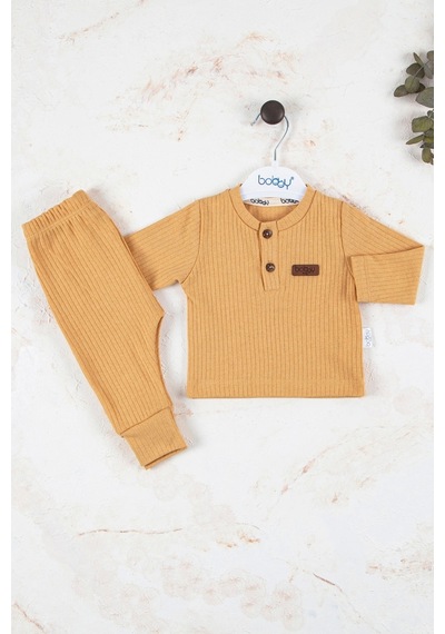 Babydonat Çizgili Kumaş Pamuk Unisex Takım 2'li Hardal