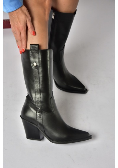 Fox Shoes Z654940103 Siyah Hakiki Deri Kalın Topuklu Western Kadın Çizme
