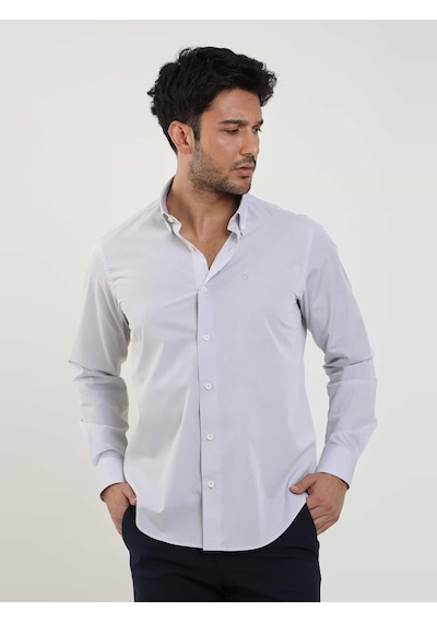 Dufy Gri Erkek Regular Fit Düz Brent Düğmeli Yaka Uzun Kol Gömlek - 102279-gri Gri