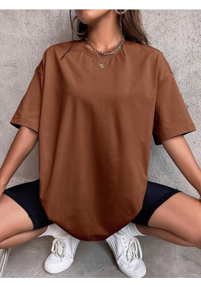 Düz Basic T-shirt - Kahverengi Oversize Bisiklet Yaka Kısa Kol Kahverengi