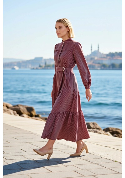 Benerly Kadın Maxi Elbise Dik Yaka Balon Kol Uzun Dokuma Terrycotton Asta Bordo