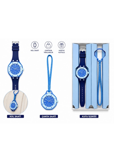 Duostyle 2'si 1 Arada Analog Kol Saati Ve Çanta Saati Silikon Kordonlu Unisex Mavi