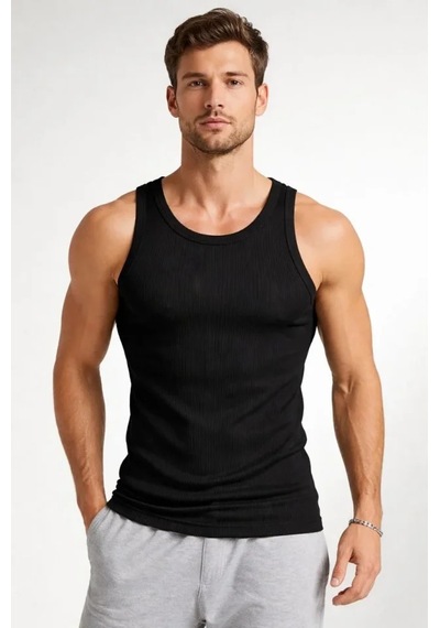 Erkek Fitilli Atlet Sıfır Yaka Slim Fit Arka Baskılı Spor Atlet - Siyah Siyah
