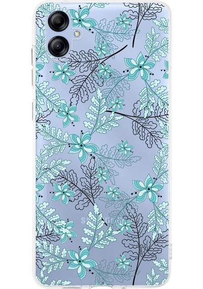 Samsung Uyumlu Galaxy A04e Kamera Korumalı Kapak Floral Su Yeşili Tasarımlı Şeffaf Kılıf