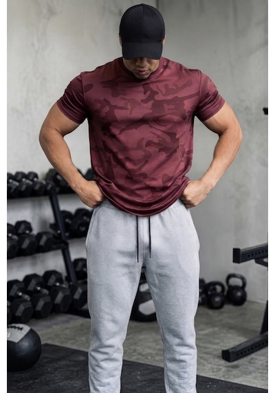 Serablanka Erkek Nem Emici Hızlı Kuruma Atletik Teknik Kamuflaj Desenli Spor T-shirt Bordo