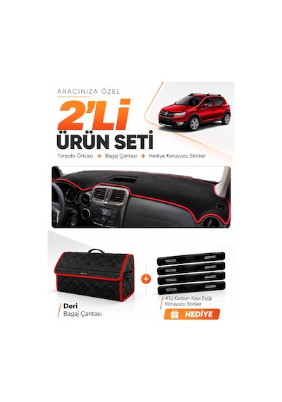 E-biz Dacıa Sandero Stepway 2015-2021 Uyumlu Torpido Örtüsü + Deri Çanta - Siyah-kırmızı - Da004