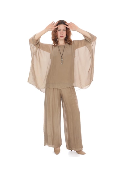 Bohem Stil İtalyan Yarasa Kol İpek Bluz & Pantolon Takım-8767 Camel Bohem Stil İtalyan Yarasa Kol İpek Bluz & Pantolon Takım-8767 Camel