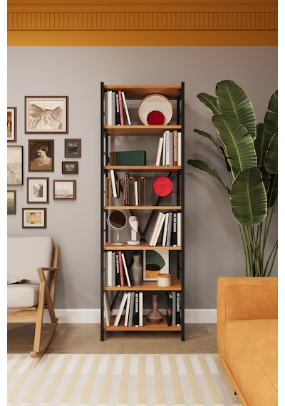 Asra Trend 6 Raflı Metal Kitaplık METALK01 %100 MDF Tek Modül Modern Kütüphane Petra