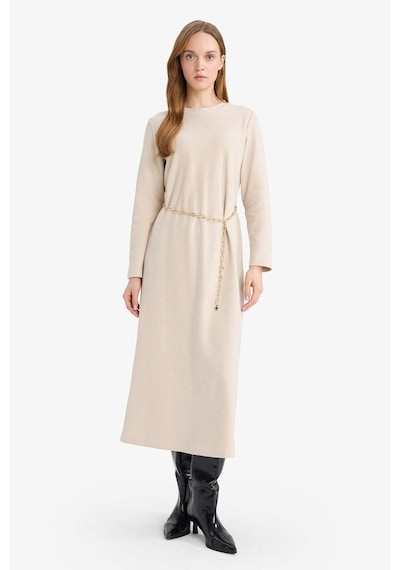 Defacto Regular Fit Bisiklet Yaka Uzun Kollu Kemerli Maxi Elbise G1885ax25wnbg387 Bej-bg387