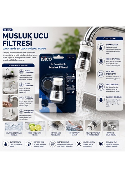 İbico İ13-137 Musluk Ucu Filtresi 16-19mm Caşlık Çapı 2 Fonksiyonlu 360 Derece Dönebilen Başlık - 12'li Paket Diğer