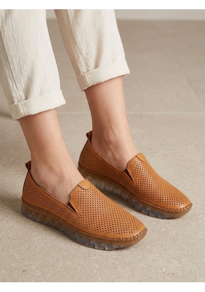 Beren Hakiki Deri Taba Kadın Ayakkabı Lazer Delikli Ortopedik Taban Slip-on Casual Günlük Yürüyüş Ayakkabısı