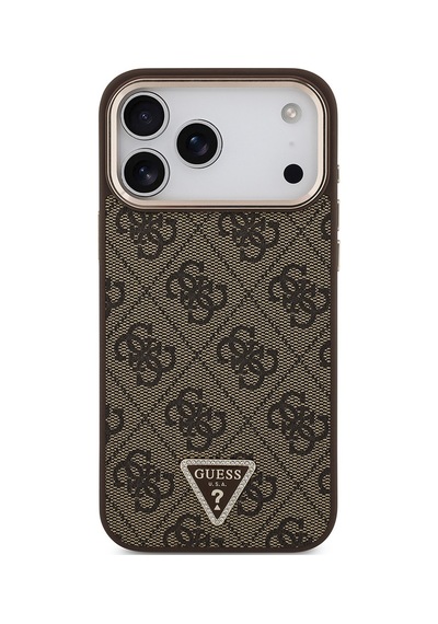 Apple Uyumlu iPhone 17 Pro Max Kılıf Guess Lisanslı M-safeli Taşlı Üçgen Logo 4g Desenli Kapak Kahverengi Kahverengi