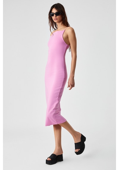Ethıquet Havvolıne Kadın Havuz Yaka Slim Fit Kolsuz Pembe Elbise