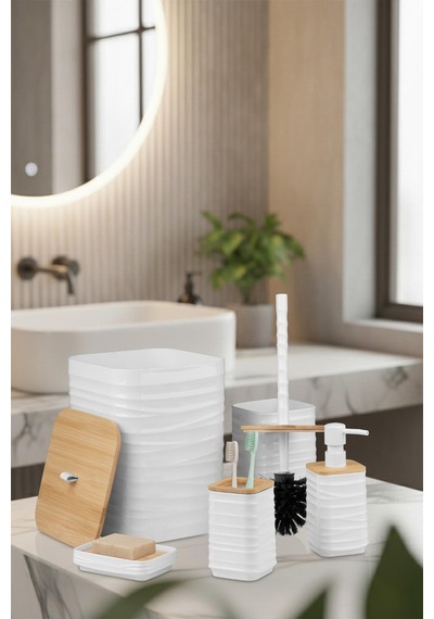 Luna Beyaz Bambulu Banyo Seti 5 Parça Plastik