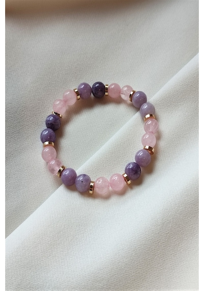 8 Mm Lepidolit, Pembe Kuvars Doğal Taş Bileklik Çok Renkli
