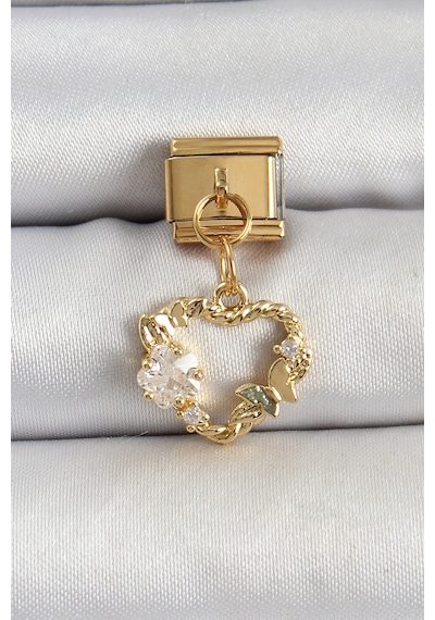 316l Çelik Sallantılı Zirkon Taşlı Kalp Model Gold Renk Charm Gümüş
