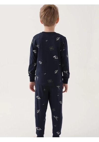 Cantoy Erkek Çocuk Roar Yazılı Dinozor Baskılı Uzun Kollu Pijama Takımı-16036 Lacivert