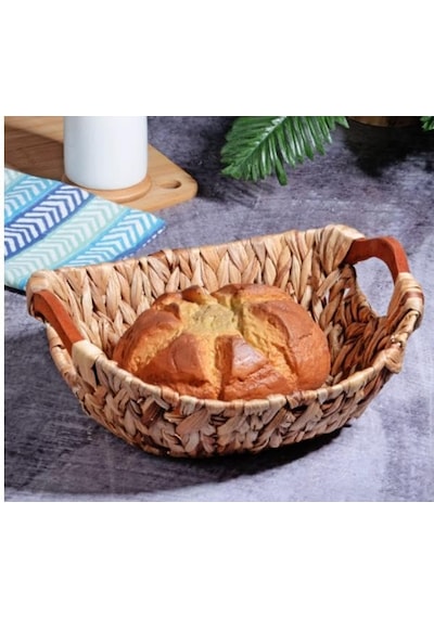 Wicker Serisi Bezli Oval Ahşap Kulplu Hasır Ekmek Sepeti A