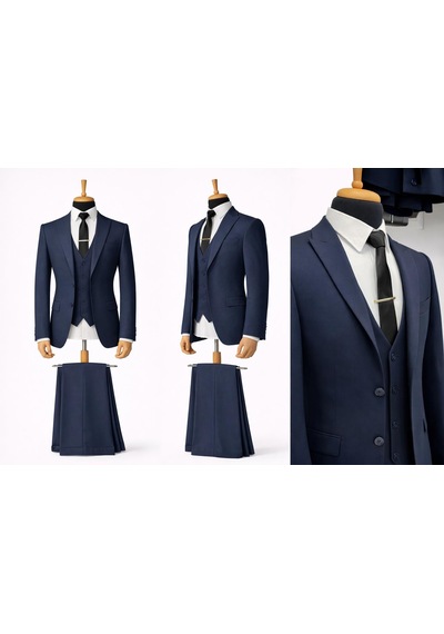 Erkek İtalyan Kesim Slim Fit Yelekli Takım Elbise - 7503 Lacivert