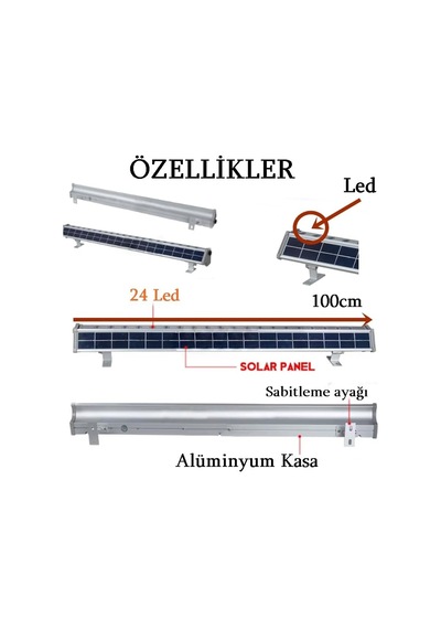 Tr 100cm Güneş Enerjili Solar Led Lamba - 24 Ledli Duvar Lambası - Alüminyum Kasa - Solar Büyük Aplik