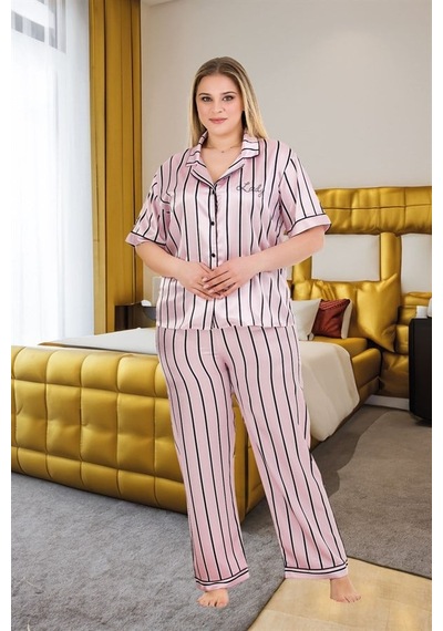 Gizers Giyim Büyük Beden Şık Tasarım Pembe Siyah Çizgili Düğmeli Kısa Kol Lüx Saten Pijama Takımı Çok Renkli