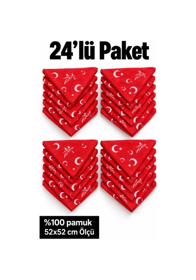 Herşeynota 24 Lü Türk Bayrağı Desenli Kırmızı %100 Pamuk Fular Bandana 52x52 Cm Çok Renkli