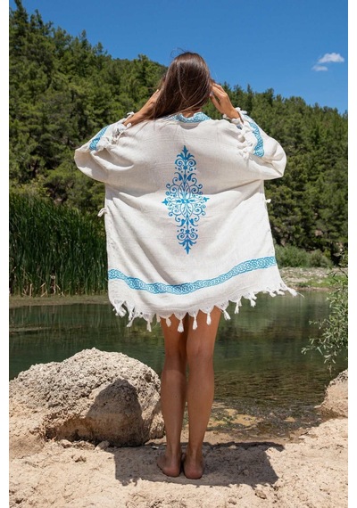 Dokubba Plaj Kimono - Ağaç Baskılı - Keten Dokuma Krem -mavi Krem -mavi