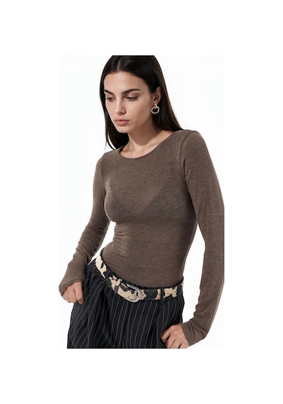 Hiccup Busem Slim Fit Uzun Kollu Transparan Bluz Kahverengi