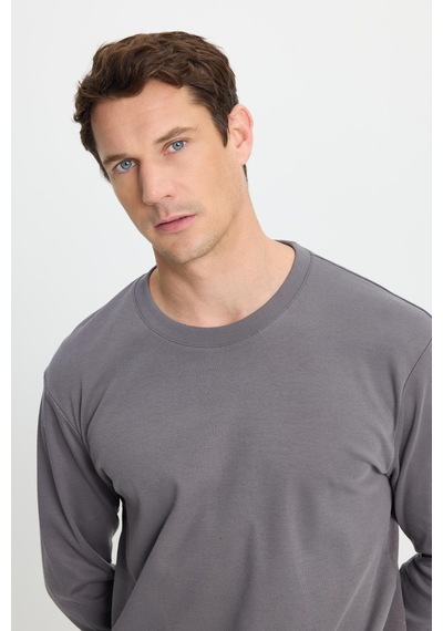 Tudors Unisex Relax Fit Rahat Kesim %100 Pamuk Uzun Kollu Bisiklet Yaka Koyu Gri Basic Tişört-41799 Koyu Gri