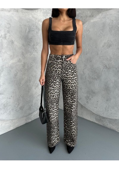 Zeo Basic Wide-leg Pantolon Leopar Desnli Bej Bej