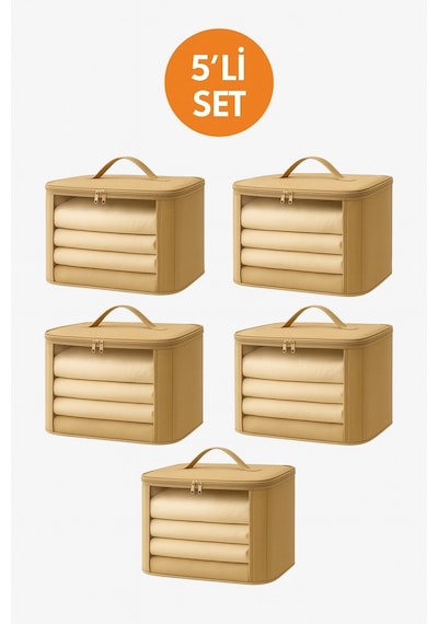 5'li Set Mor Şeffaf Kapaklı Hurç 28x32x15 Cm Orta Boy Dolap İçi Kıyafet Ve Havlu Düzenleyici Altın