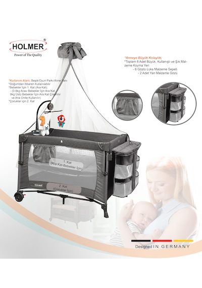 Holmer Coolstyle Premium Cibinlikli Dönenceli Anne Yanı Oyun Parkı Beşik 70x110cm Koyu Gri