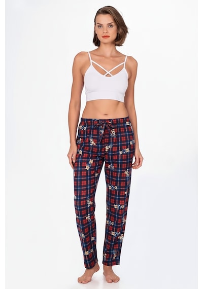 Kadın Süet Ekoseli Ayıcık Desen Pijama Tek Alt Lacivert