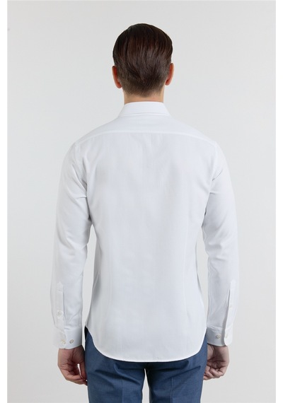 İmza Beyaz Kendinden Desenli Sert Yaka Uzun Kol Cepsiz Slim Fit Pamuklu Gömlek 1004255283