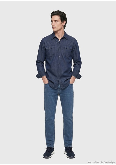 Ramsey İndigo Düz Casual Fit Uzun Dokuma Casual Pamuk Karışımlı Gömlek