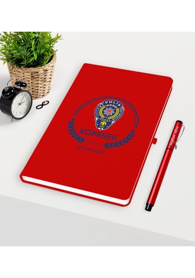 Kişiye Özel Komiser Temalı Kırmızı Defter Kalem Seti - 2 Kırmızı