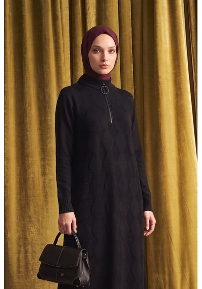 Armine Trend Baklava Desenli Fermuar Yaka Uzun Triko Tunik Siyah 25ktd4112