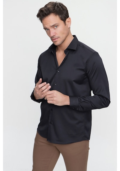 Morven Slim Fit Düz Sert Yaka Uzun Kollu Gömlek Siyah