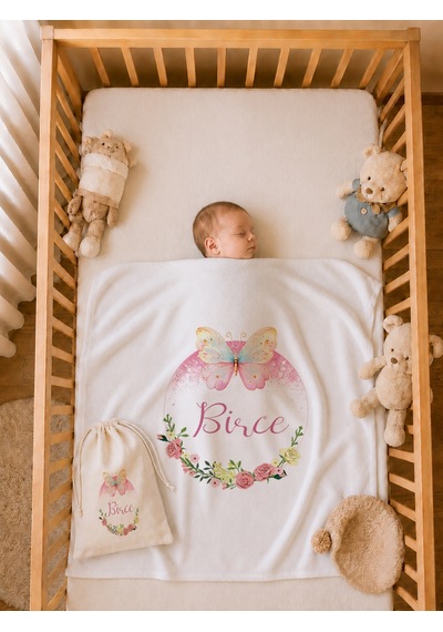 Kız Bebek Hediyesi İsme Özel 80x80 Cm Çift Kat Penye Bebek Battaniyesi %100 Pamuk Ham Bez Kıyafet Keseli 1034bk0x Ekru
