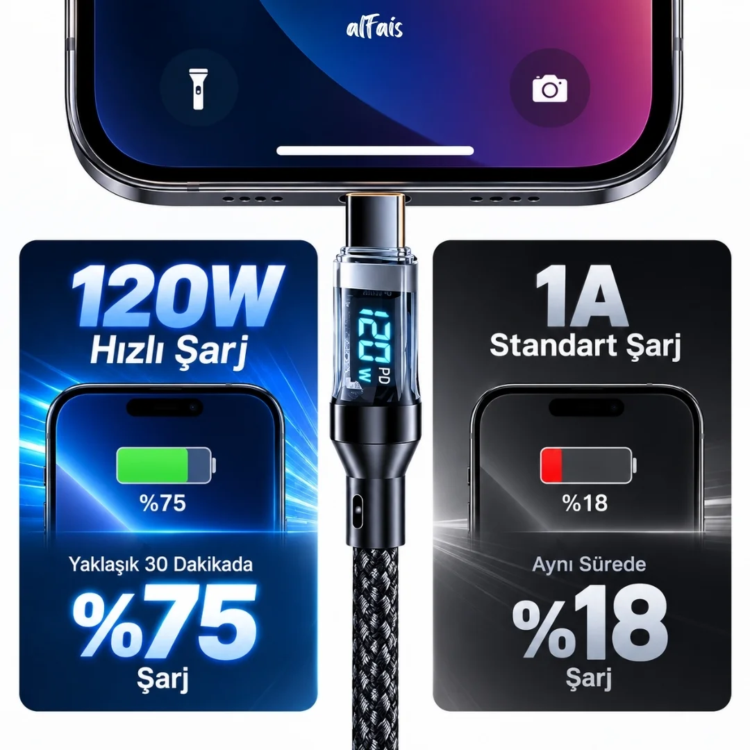 Samsung Uyumlu Usb Type C Hızlı Telefon Data Şarj Kablosu Led Ekranlı Dijital 120w Veri Kablosu 2 Metre