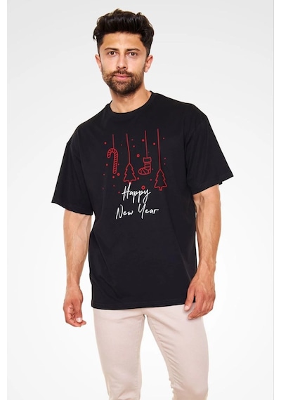 Barlashive Erkek Kısa Kol Tişört Bisiklet Yaka Yeni Yıl Baskılı T-shirt - Siyah Çok Renkli
