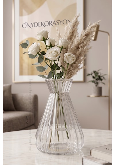 Modern Çizgili Cam Vazo 22 Cm Şeffaf Dekoratif Çiçeklik, Minimal Tasarım Masa & Salon Vazosu